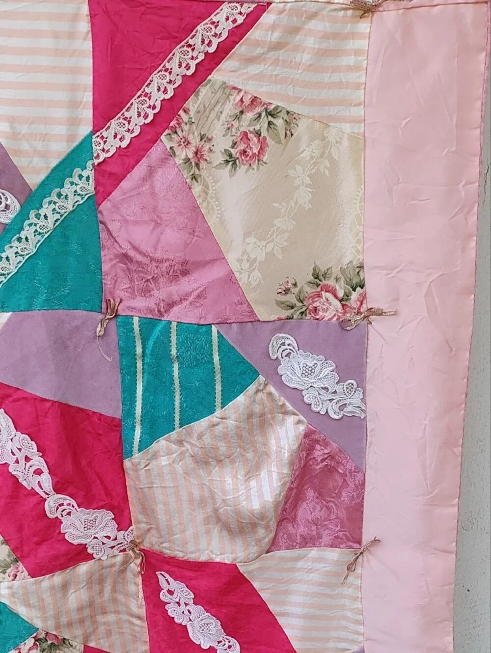 Vintage Handsewn Patchwork Satin Lace Quilt, Grandmacore, Victorian, Cottagecore